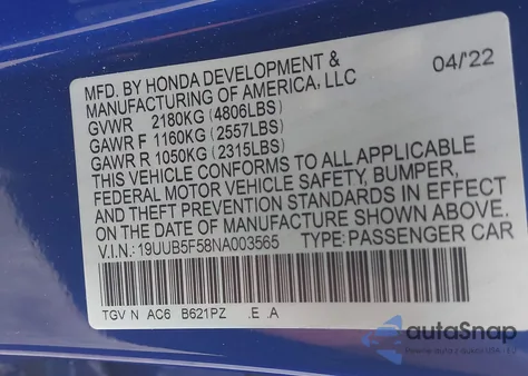 2022 Acura Tlx A-Spec Package from USA, damaged, VIN 19UUB5F58NA003565